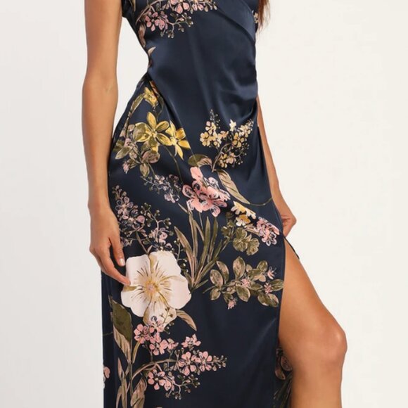 Remarkable Entrance Navy Blue Floral Print Satin Midi Dress - Picture 1 of 5
